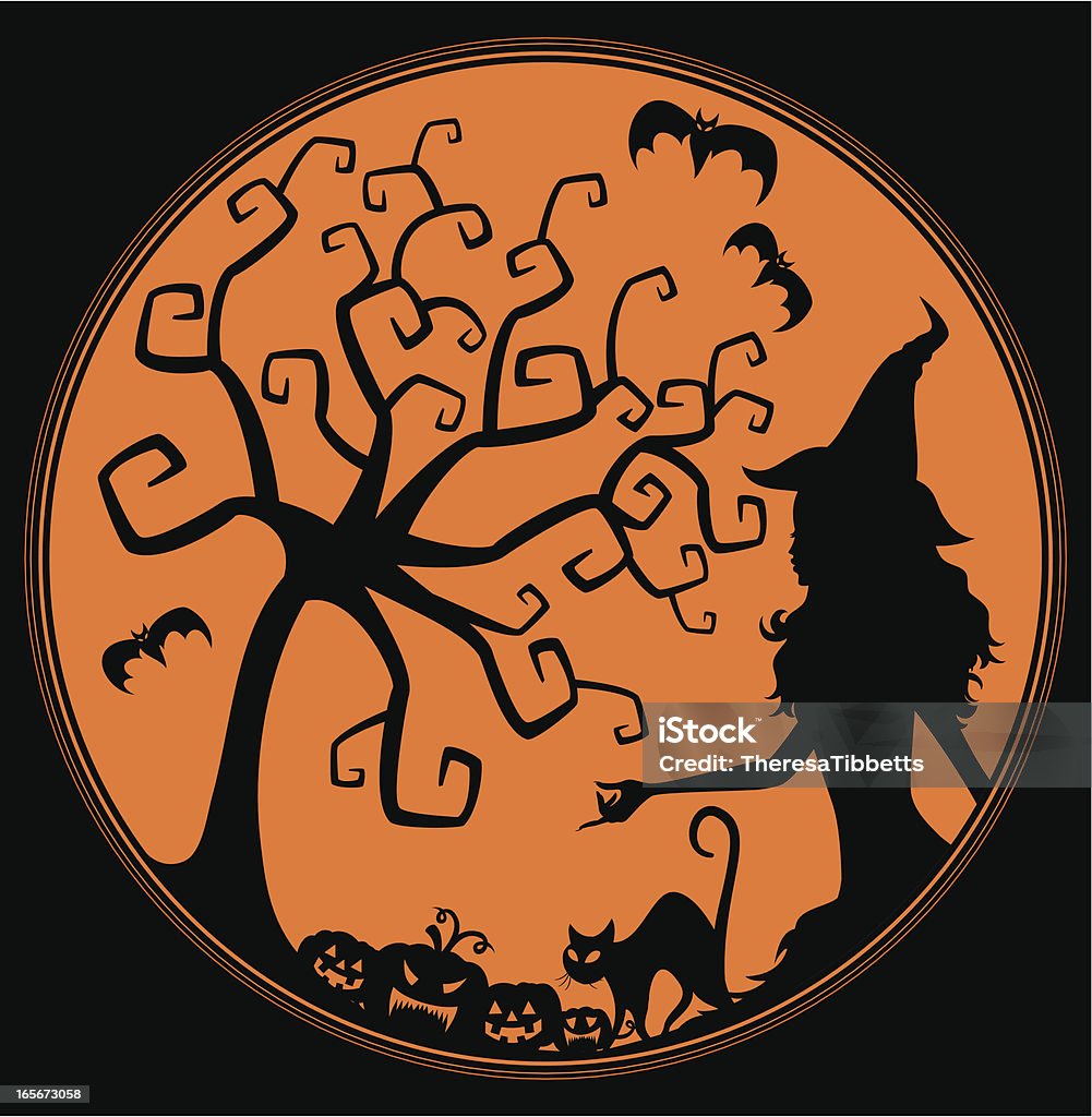 Mágico árbol y de brujas - arte vectorial de Bruja libre de derechos