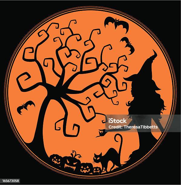 Ilustración de Mágico Árbol Y De Brujas y más Vectores Libres de Derechos de Bruja - Bruja, Calabaza gigante, Celebración - Acontecimiento