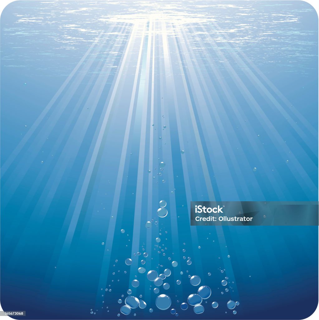 Bolle in acqua blu ballare sotto sunrays - arte vettoriale royalty-free di Subacqueo