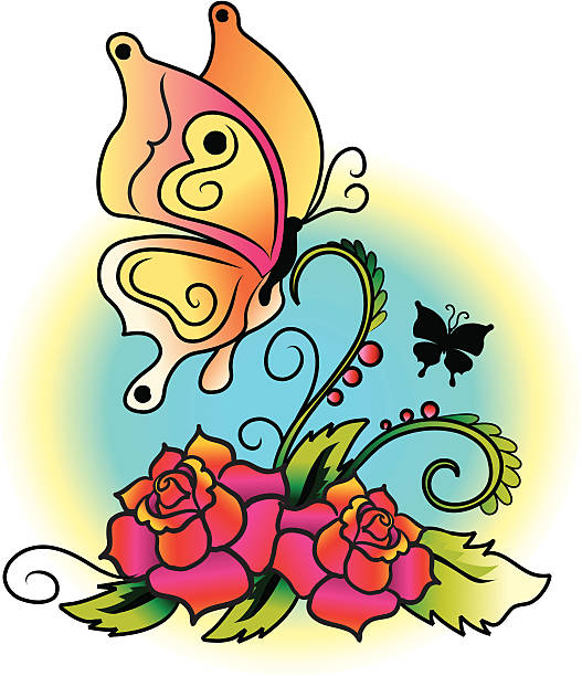Vintage Tattoo Butterfly And Roses Stock Illustration - Download Image Now  - 1940-1949, Cartoon, Flower - iStock