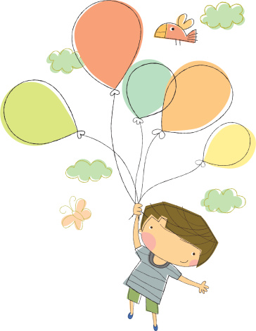 Hand drawn style birthday boy holding a bunch of balloon. Zip contains Ai and PDF.