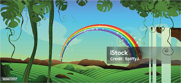Rainbow Пейзаж Лес — стоковая векторная графика и другие изображения на тему Без людей - Без людей, Векторная графика, Водопад