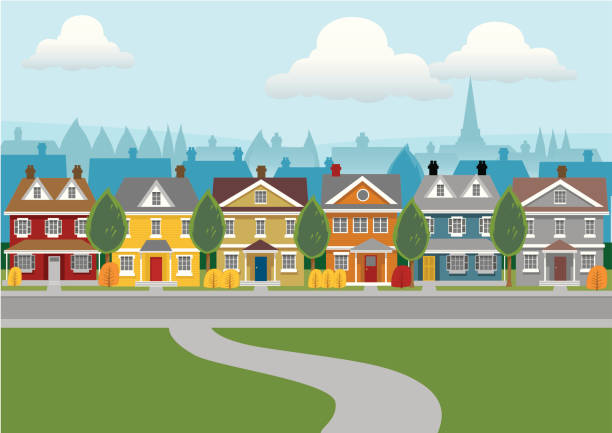 City Houses "Highly detailed row of houses in a city street, with trees, grass and road in foreground. Silhouetted buildings of the town in the background. Artwork on separate and editable layers. Download includes an AI8 EPS vector file and a high resolution JPEG file (min. 1900 x 2800 pixels). Similar files:" residential district stock illustrations