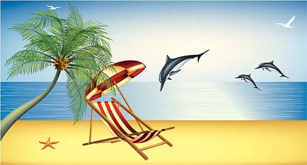 Vector illustration of Beautiful Beach with Dolphins
