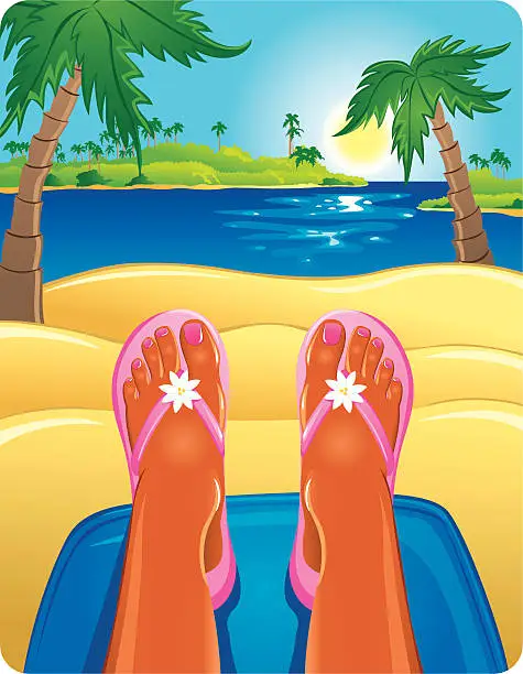 Vector illustration of Tanned feet up relaxing at the beach