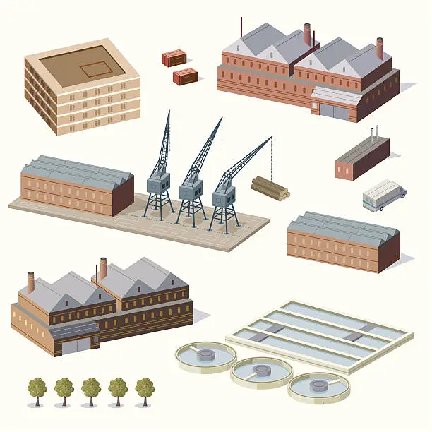Vector illustration of Warehouse buildings and water treatment plant