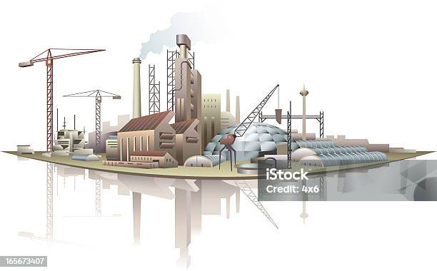 Industrial Buildings At Waterfront Stock Illustration - Download Image Now - Air Pollution, Architecture, Building Exterior