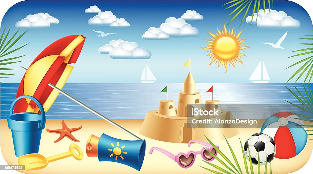 Splendida giornata sulla spiaggia - arte vettoriale royalty-free di Castello di sabbia - Struttura
