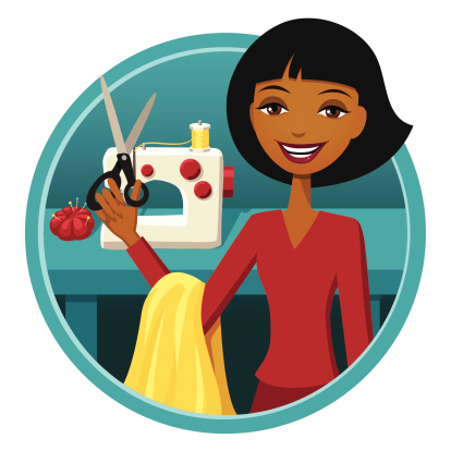 A smiling woman with fabric, a sewing machine, and scissors.
