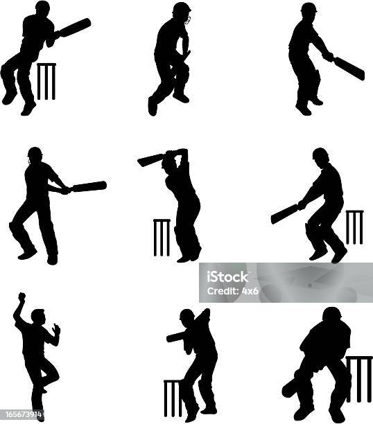 Vetores de Silhuetas De Pau Vertical De Críquete Batsmen No Estilo Desenhos e mais imagens de Críquete
