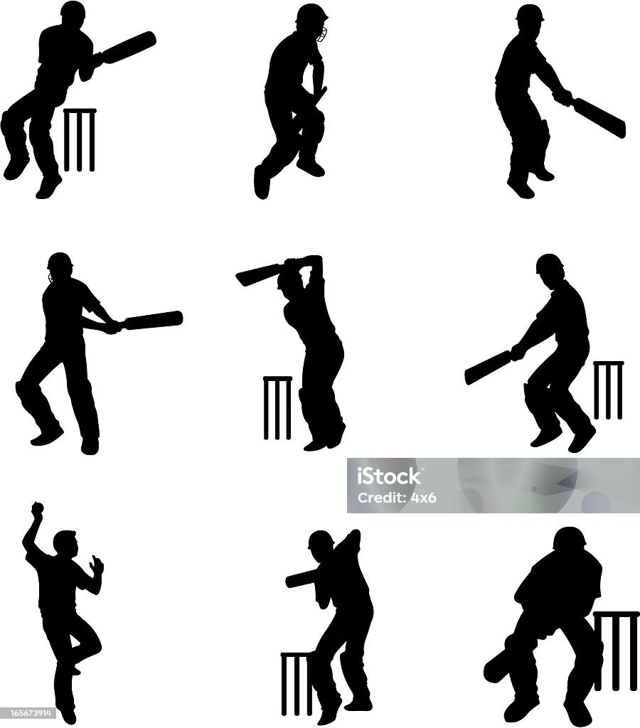 Силуэты крикет batsmen на Воротца (мультяшный стиль - Векторная графика Крикет роялти-фри