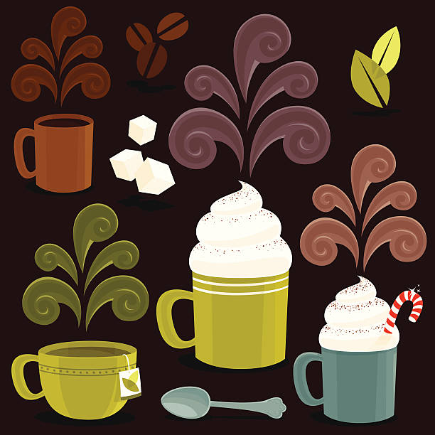 ilustrações de stock, clip art, desenhos animados e ícones de ícones de bebida quente - hot chocolate cup chai heat