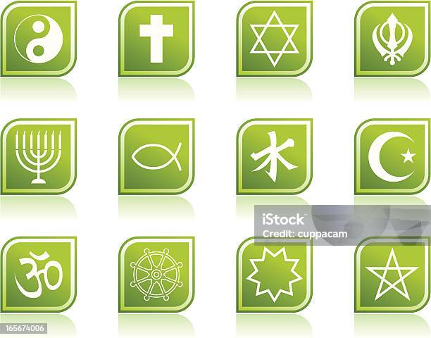 Símbolos Religiosos E Religião Ícones Em Forma De Folha Verde Moderno - Arte vetorial de stock e mais imagens de Budismo