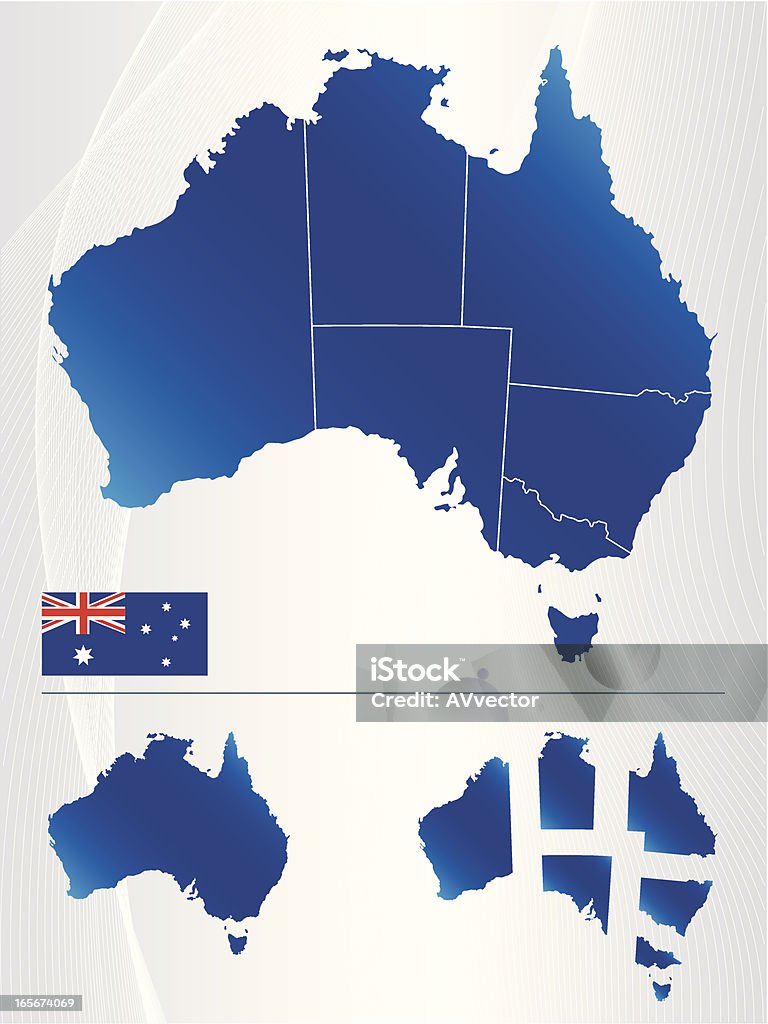 Map of Australia showing states and flag Vector maps of Australia with border state and national flag. Australia stock vector