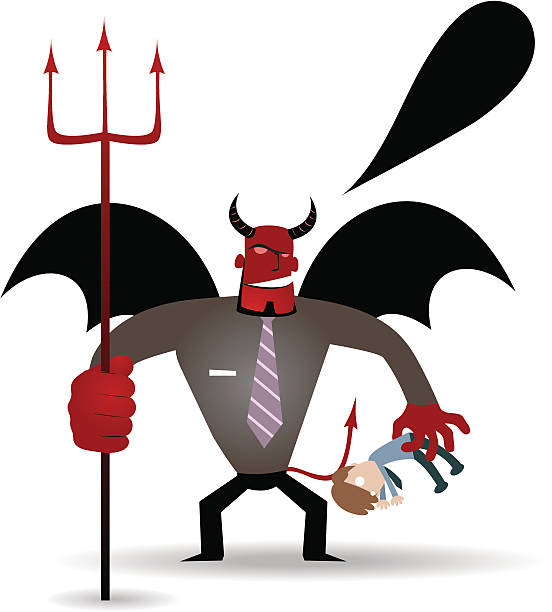 Business demon (Evil Businessman) holding trident and catching a victim Vector illustration – Evil demon in a business suit, Business demon (Evil Businessman) holding trident and catching a victim. cartoon of the devils pitch fork stock illustrations