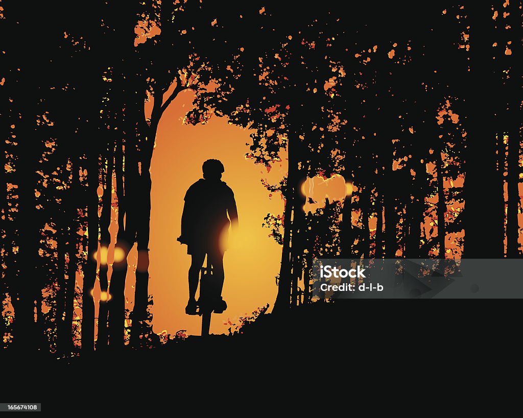 Pôr do sol, passeio na floresta - Vetor de Ciclismo royalty-free