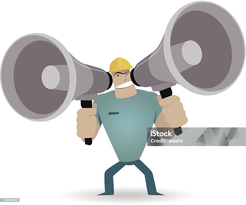Forte trabalhador gritando por meio de dois megaphones - Vetor de Empreiteira royalty-free