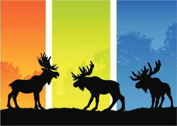 Vector illustration of Moose silhouettes in a seasonal landscape