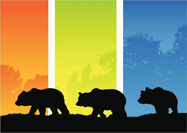 Vector illustration of Bear silhouettes in a seasonal landscape