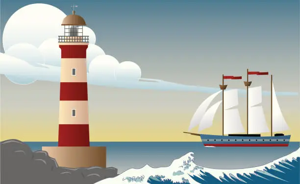 Vector illustration of Lighthouse Day Scene with Clipper Ship