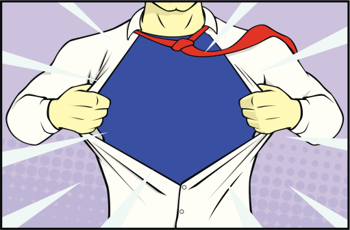 A retro comic style of a once ordinary man torn his shirt and transformed into a superhero