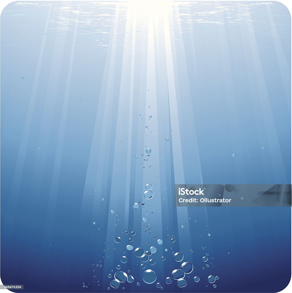 Bubbles in blue water dancing under sunrays Vector illustration of bubbles on a blue background with sun shining through the water surface. Underwater stock vector