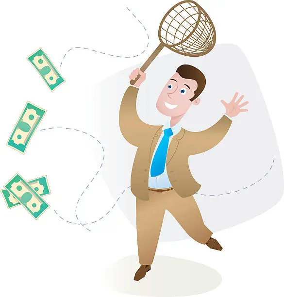 Vector illustration of Businessman trying to catch flying money bills