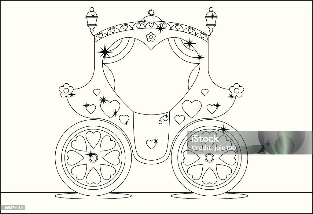 Cinderella Style Princess Carriage to Color In. Outline drawing of Cinderella style princess carriage with flower and heart detail - ideal for printing out and coloring in. Coloring stock vector