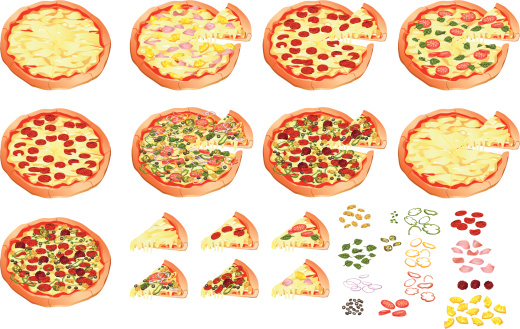 Vector Illustration of a variety of pizzas and ingredients. The different pizzas are in separate layers in order to make it easy to create your own variation. High resolution jpg image and original CS3 Illustrator file included.