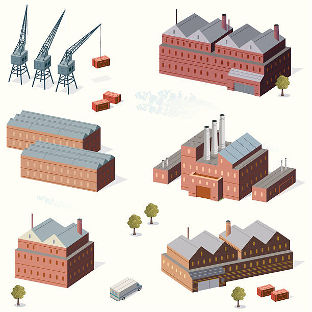illustrazioni stock, clip art, cartoni animati e icone di tendenza di edifici industriali, gru - tenament