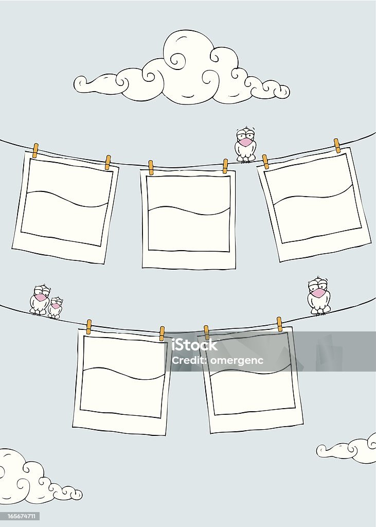 A cartoon drawing of film pictures on a clothes line  Hanged blank polaroids  by clothespin  as sketch. this editable vector file contains eps8, aics3, ai10 and 300dpi jpeg formats. Instant Print Transfer stock vector