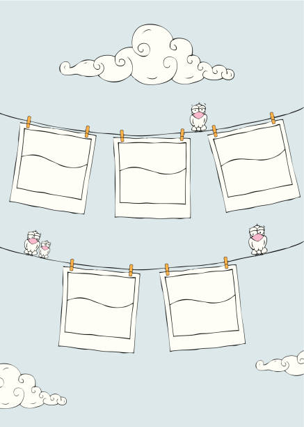 A cartoon drawing of film pictures on a clothes line Hanged blank polaroids by clothespin as sketch. this editable vector file contains eps8, aics3, ai10 and 300dpi jpeg formats. pencil drawing photos stock illustrations