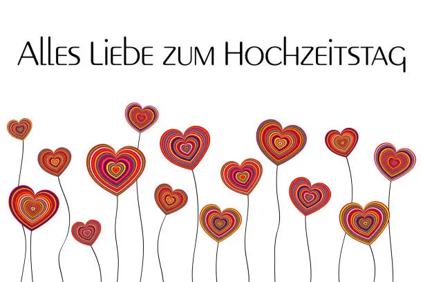 Vector illustration of Alles Liebe zum Hochzeitstag - text in German language - Happy Wedding anniversary. Greeting card with colorful heart flowers.