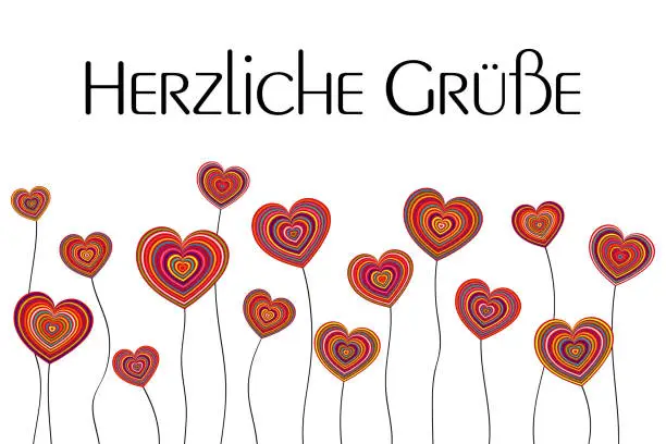 Vector illustration of Herzliche Grüße - text in German language - Best regards. Greeting card with colorful heart flowers.