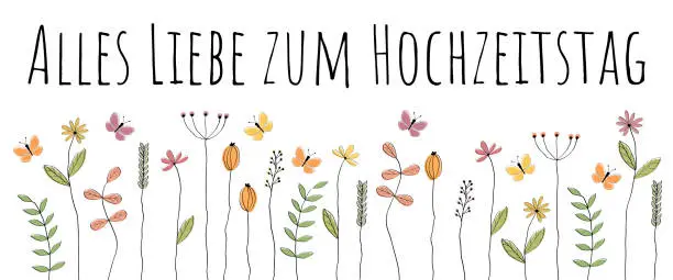 Vector illustration of Alles Liebe zum Geburtstag - text in German language - Happy Birthday. Greeting card with lovingly drawn flowers and butterflies.