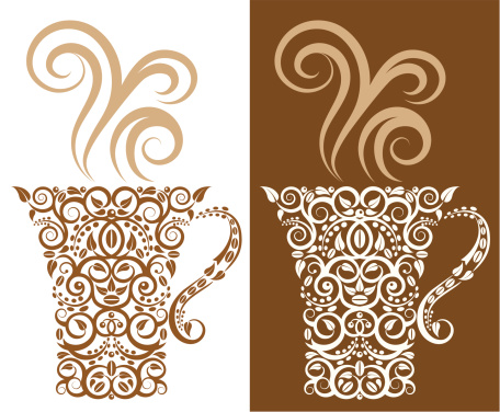 Lacy Stylized Organic Cups of Coffee. Decorated with tea leaves, coffee beans, coffee berries and vines. Very easy to change colors.