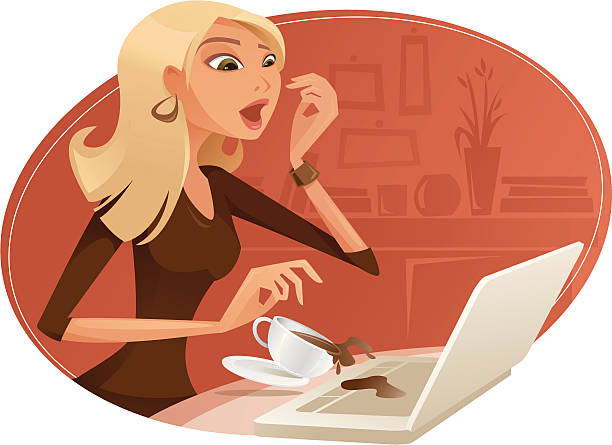 Clumsy Blogger Illustration of a woman spilling coffee on the laptop. clip art of dumb blonde stock illustrations