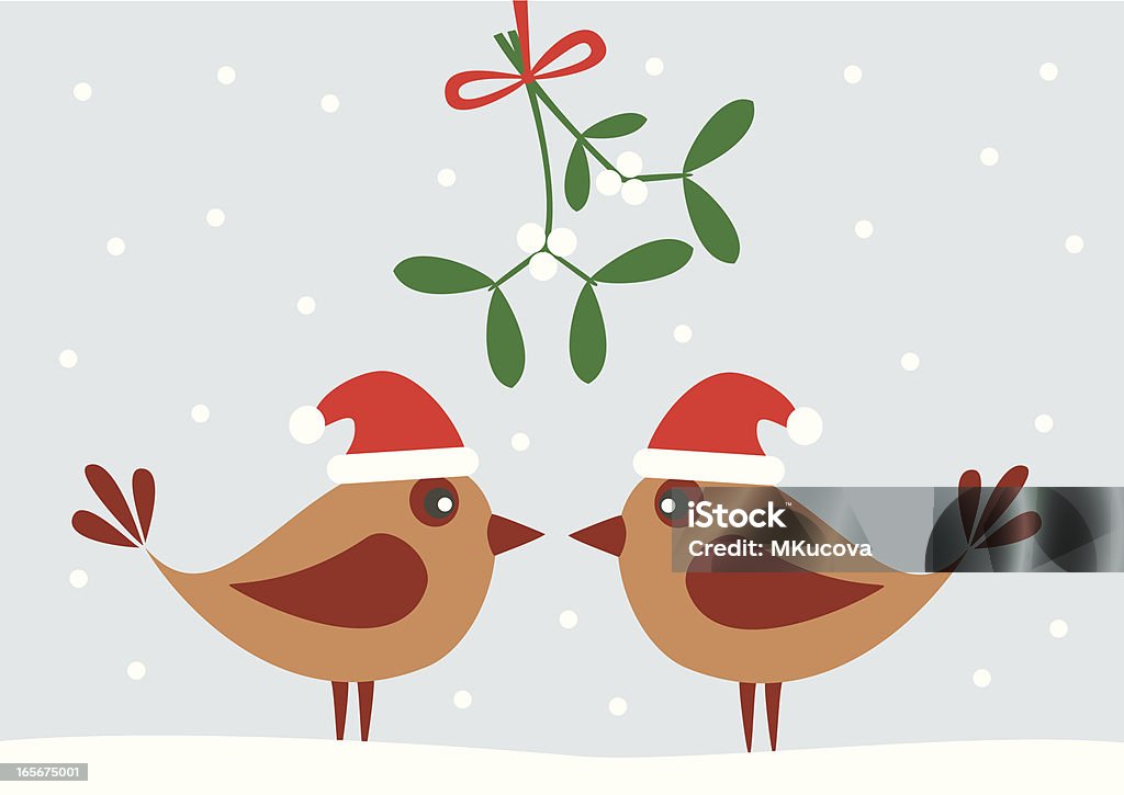 Illustration of two birds and a mistletoe Two cute birds with Santa hats under mistletoe. Mistletoe stock vector