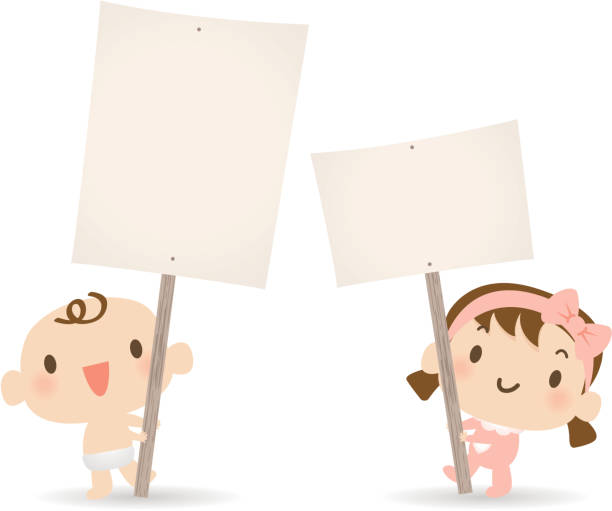 Baby Boy, Girl holding a blank sign for your message Vector illustration – Cute baby holding a blank sign for your message. energy conservation posters drawing stock illustrations