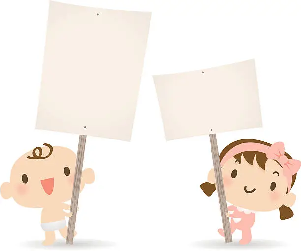 Vector illustration of Baby Boy, Girl holding a blank sign for your message