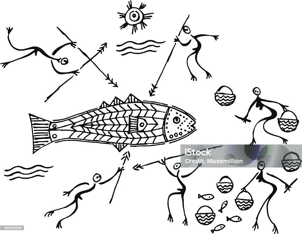 Prehistoric Fishing Scene A prehistoric cave painting hunting scene depicting fishing.  All white is knocked out. Each element on seperate layers. Cave Painting stock vector