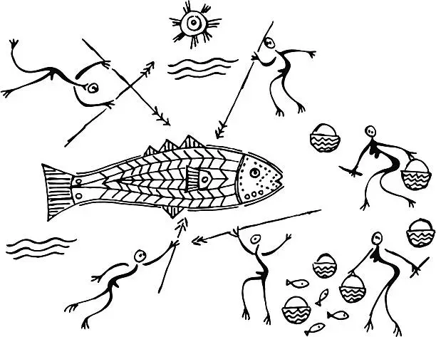 Vector illustration of Prehistoric Fishing Scene