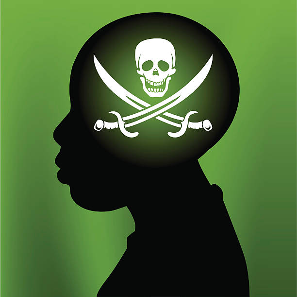 ilustraciones, imágenes clip art, dibujos animados e iconos de stock de young boy pensando en la piratería - black completely bald thief criminal