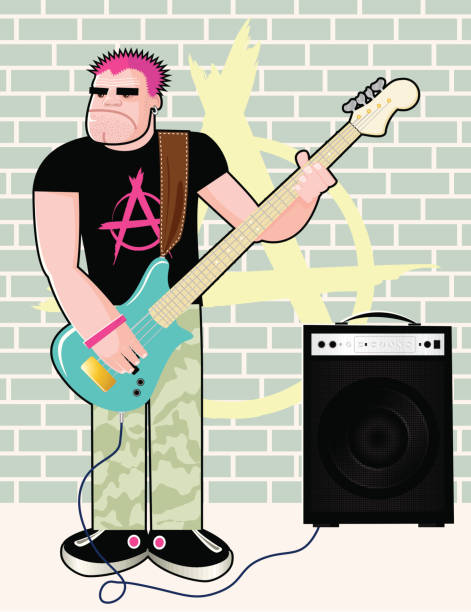 Punk Vector illustration of guy playing bass in punk band. man playing guitar hands stock illustrations