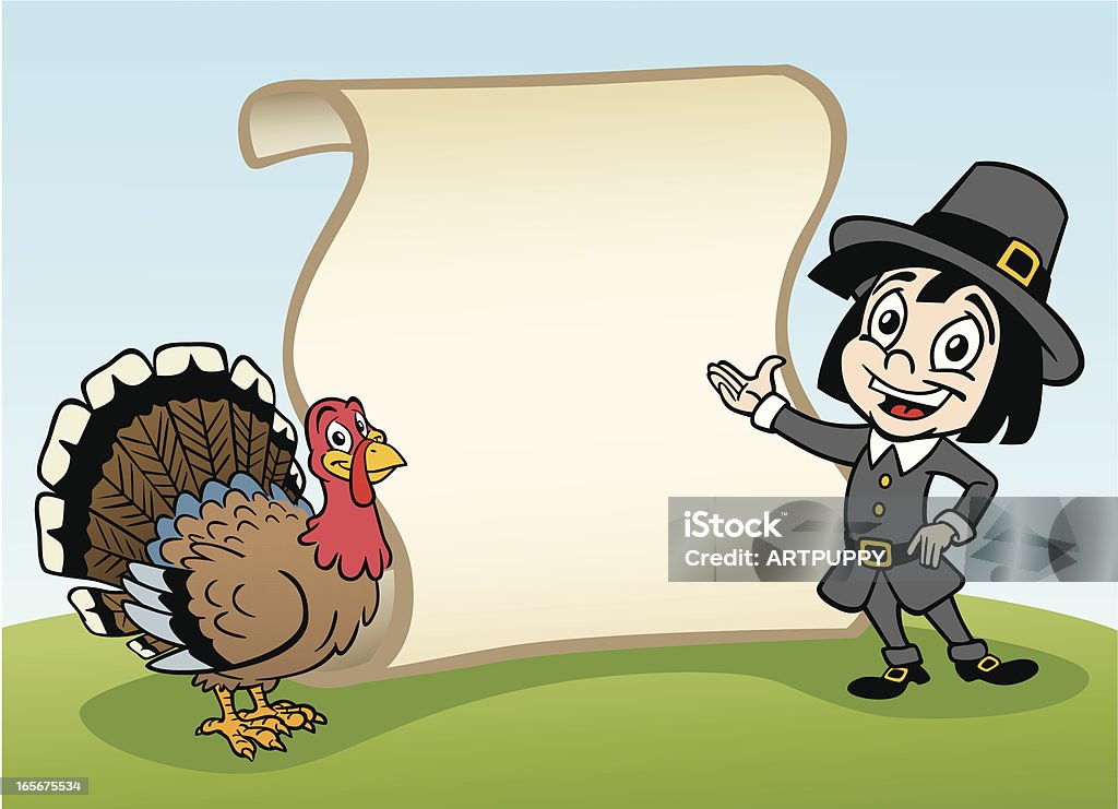 Thanksgiving Pilgrim and Turkey With Scroll Great illustration of a pilgrim and a turkey with a scroll. Perfect for a Thanksgiving illustration. EPS and JPEG files included. Be sure to view my other illustrations, thanks! Animal Body Part stock vector