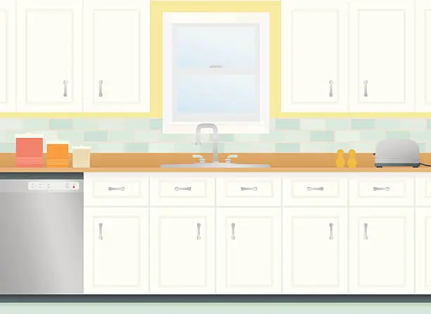 Vector illustration of Cartoon kitchen with cabinets and window