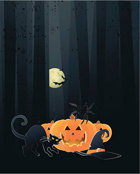 Halloween scene (Pumpkin & Black Cat) vector art illustration