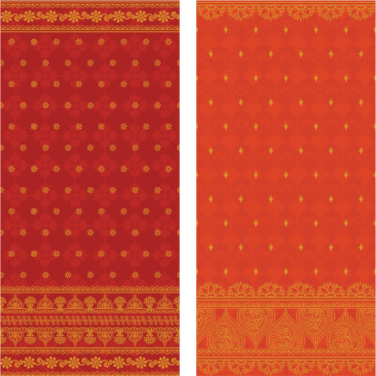 A pair of ornately decorated silk saris (sarees) with lots of gold detail. All elements are individually grouped and can be easily removed. Seamless repeating designs. (includes .jpg)