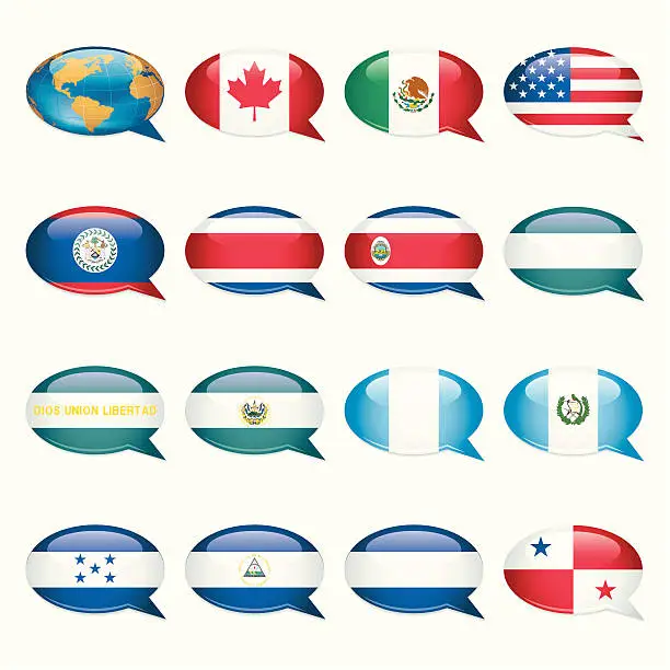 Vector illustration of North and Central America. Speech Bubble Flags