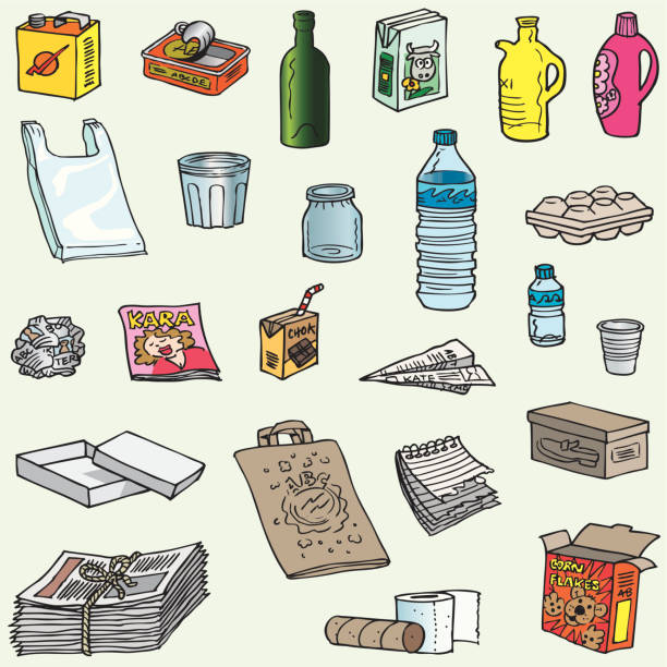 viele gegenstände zu recyceln - recycling newspaper paper bottle stock-grafiken, -clipart, -cartoons und -symbole